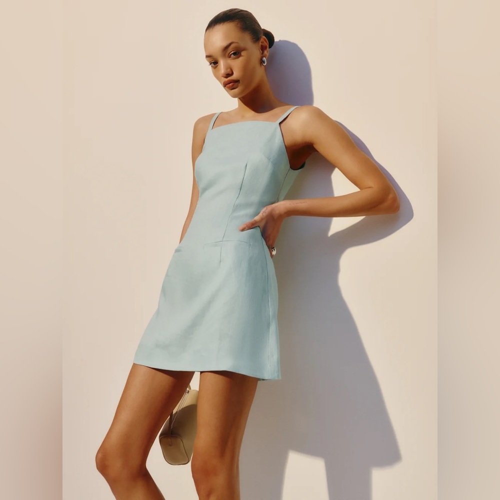 Reformation Phillipa Linen Dress In Aquamarine, brand new, never worn, no flaws